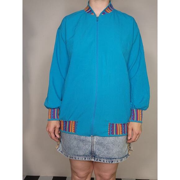 Vtg 80s Blair Boutique Blue Colorful Bomber Wind Breaker Jacket w/ Pockets Sz M - Picture 2 of 9